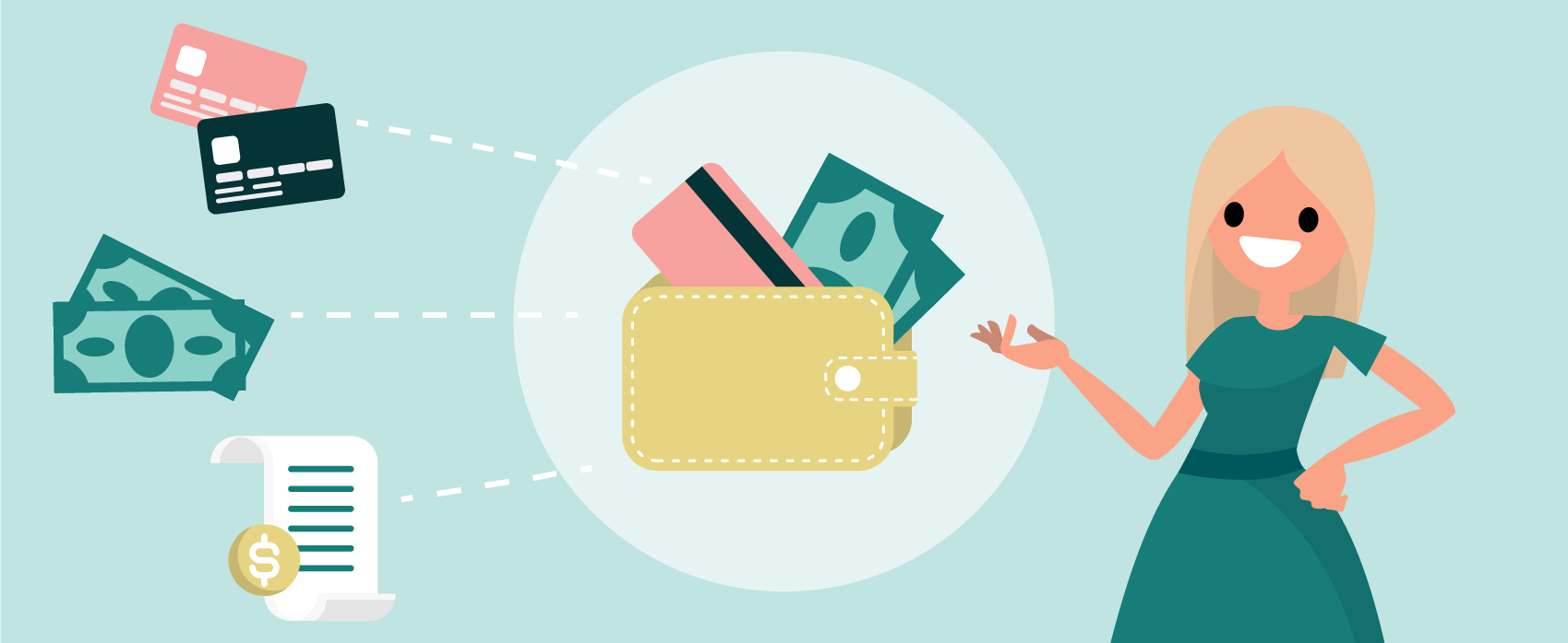 An illustrated woman smiling and gesturing to an organized wallet