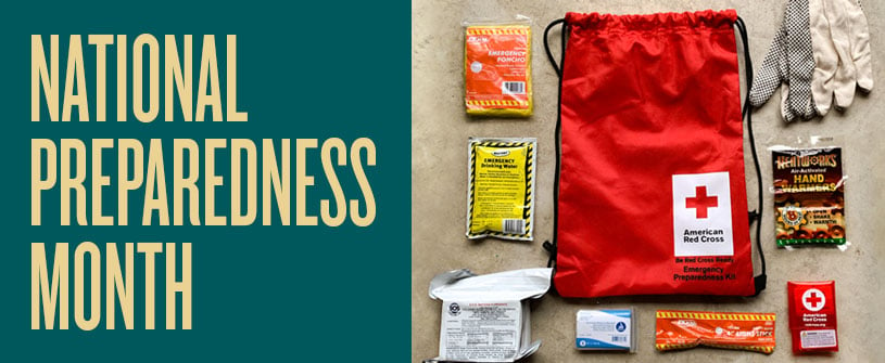 Words that read National Preparedness Month alongside an image of an American Red Cross bag with emergency supplies