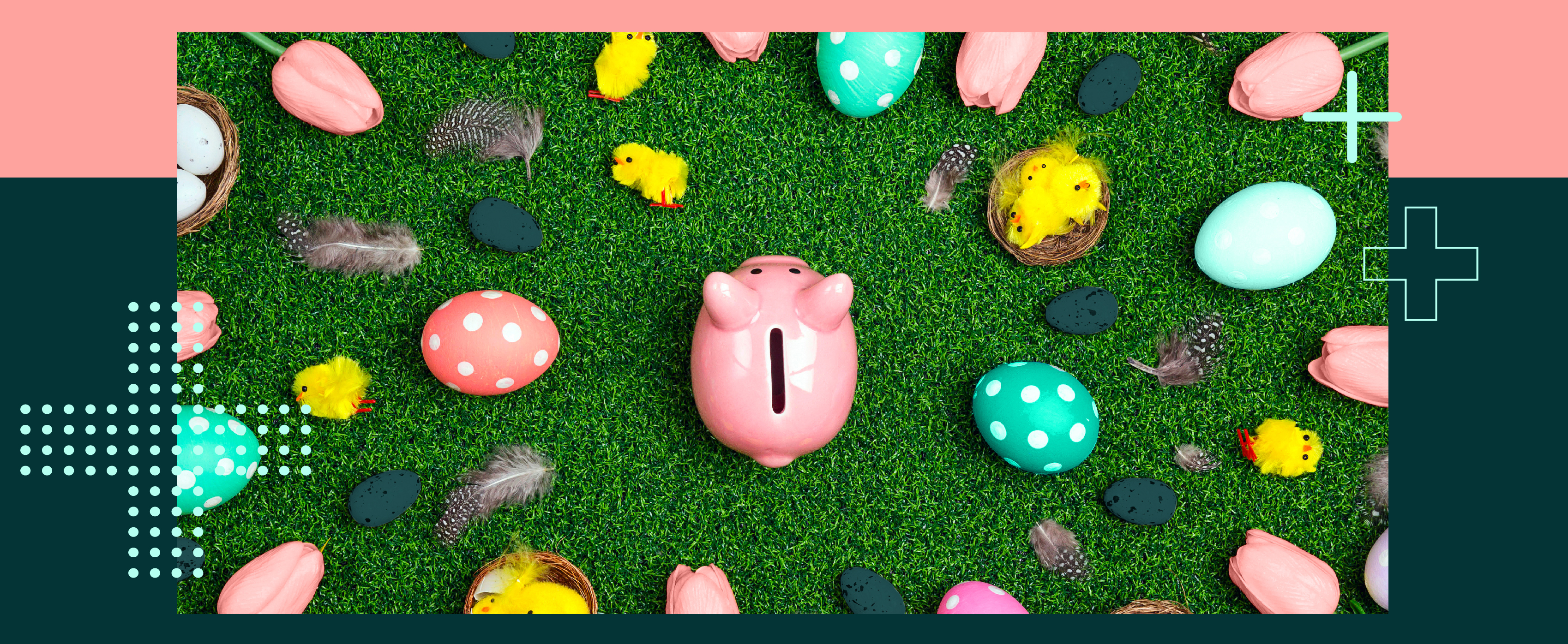 A piggy bank surrounded by Easter eggs, feathers, and toys