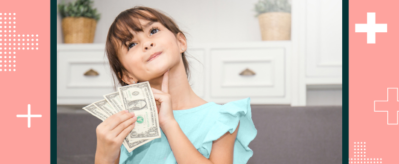 A child holding money while looking up pensively 
